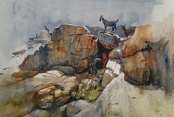 Goats On The Rock Painting by Bijay Biswaal | ArtZolo.com
