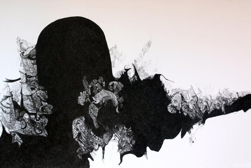 contemporary pen drawing titled 'God', 40x60 inches, by artist Rachana Shah on Mount Board