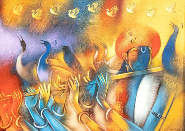 God Playing Flutes With More Hands Painting by Balaji Ubale | ArtZolo.com