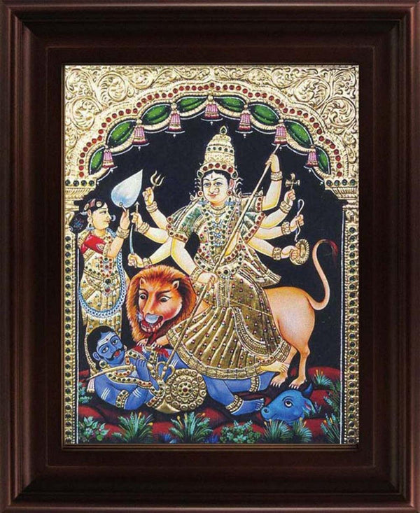 Goddess Durga Tanjore Painting Traditional Art by Myangadi | ArtZolo.com
