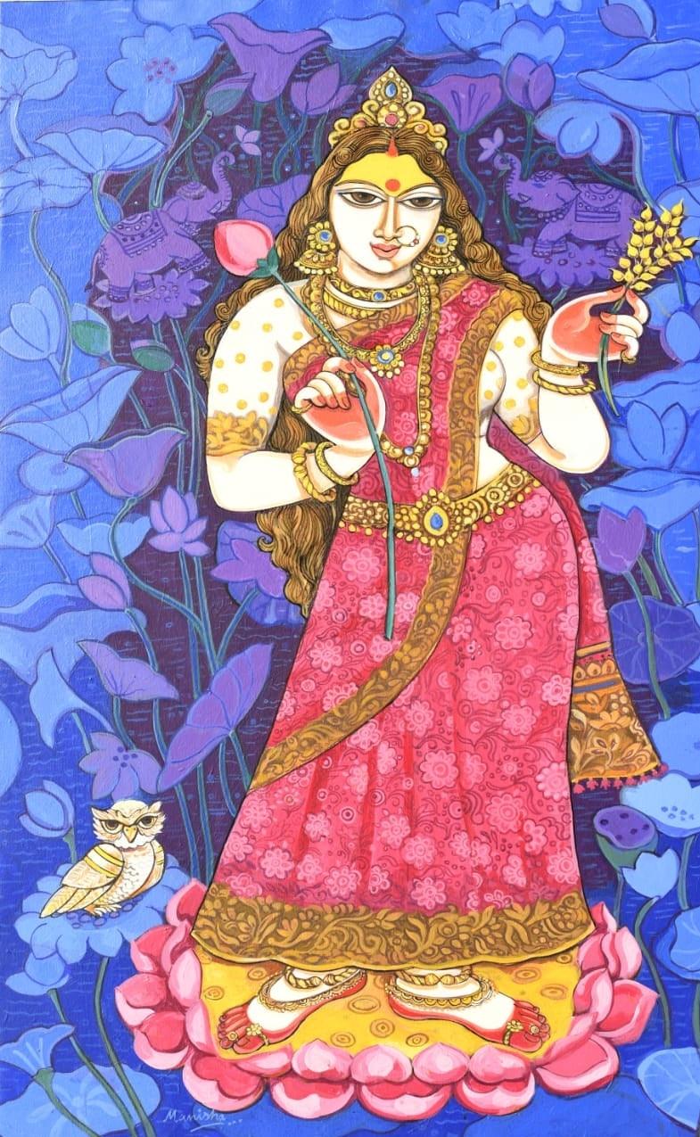 Religious acrylic painting titled 'Goddess Lakshmi', 40x24 inches, by artist Manisha Srivastava on Canvas