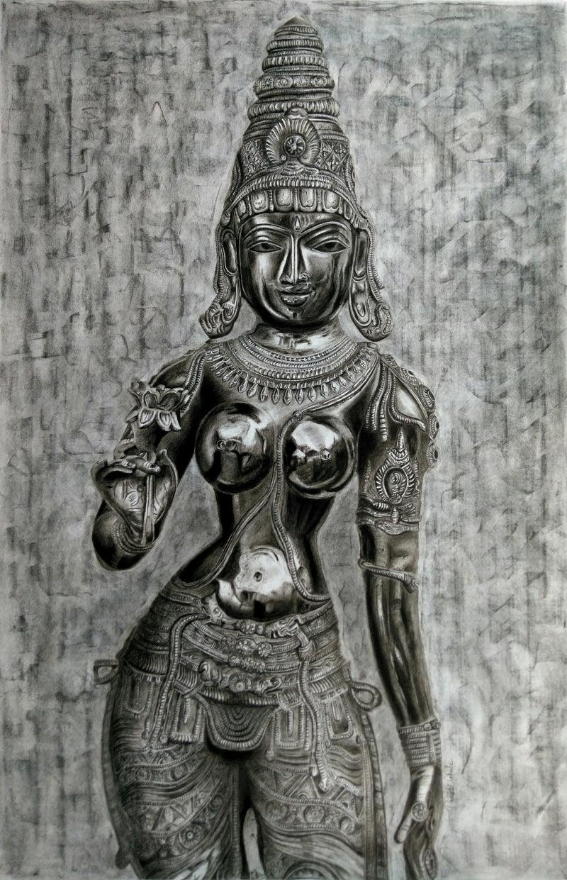 Figurative charcoal painting titled 'Goddess Lakshmi', 29x19 inches, by artist Preeti Ghule on Paper