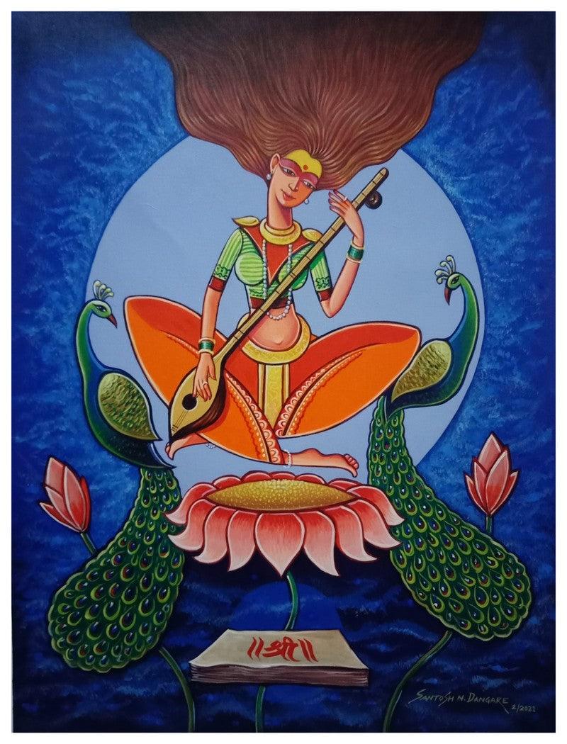 Portrait acrylic painting titled 'Goddess Saraswati', 32x24 inches, by artist Santosh Dangare Santosh Narayan Dangare on Canvas