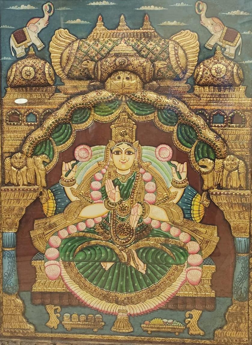 Religious tanjore traditional art titled 'Goddess Saraswati', 60x48 inches, by artist Tanjore Tanjaur on Wood