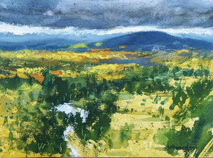 Gold And Silver (Gathering Storm) by Avishkar Vispute, Original Watercolor Nature Painting on Paper, X-Small Horizontal Wall Art