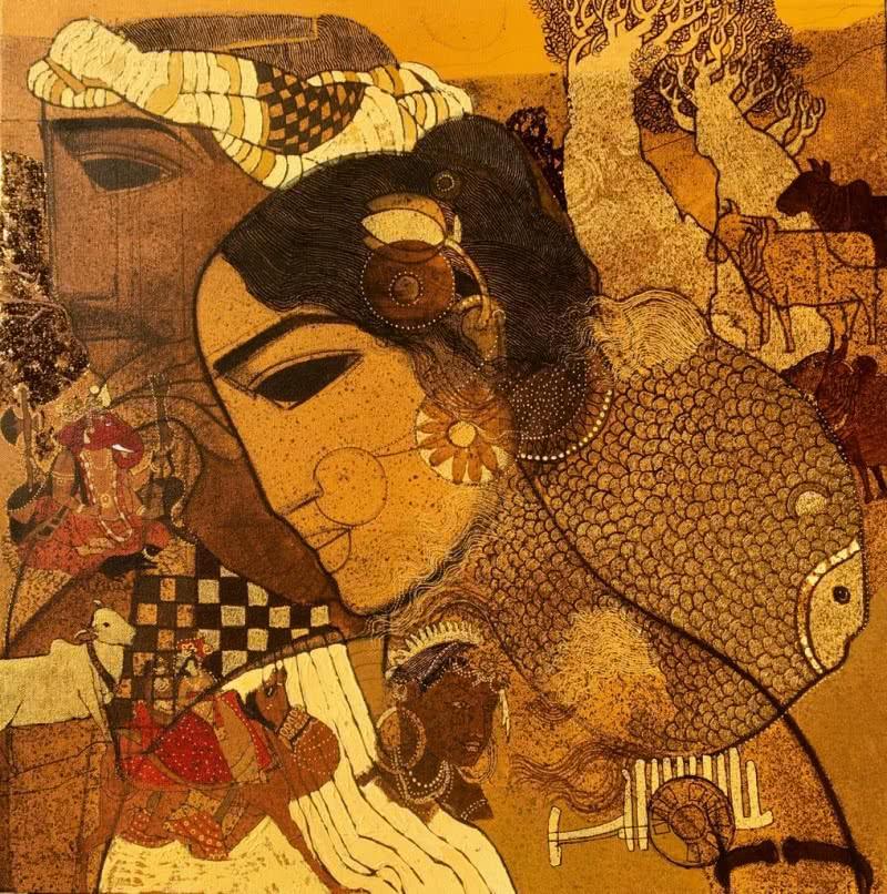 Figurative acrylic painting titled 'Gold Fish 4', 24x24 inches, by artist Siddharth Shingade on Canvas