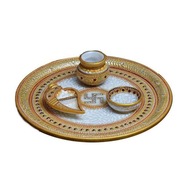 Golden Marble Pooja Thali With Swastik Handicraft by E Craft | ArtZolo.com