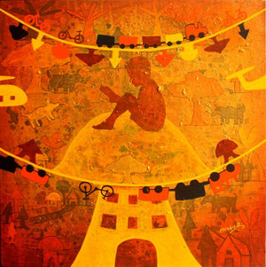 Figurative acrylic painting titled 'Golden memories', 24x24 inches, by artist Lakhan Singh Jat on Canvas