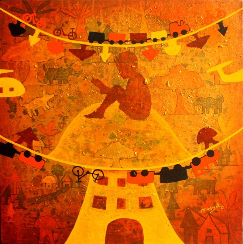 Figurative acrylic painting titled 'Golden memories', 24x24 inches, by artist Lakhan Singh Jat on Canvas