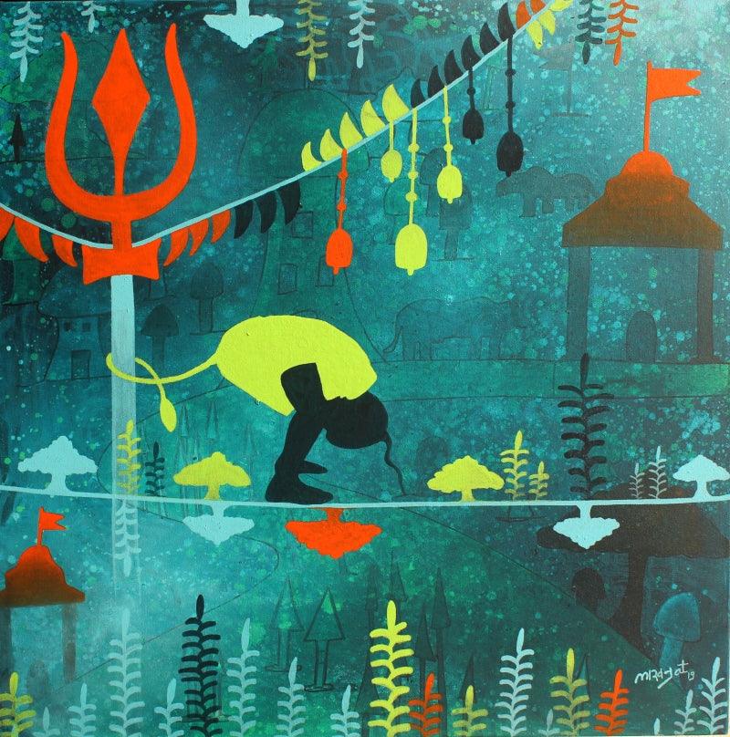 Figurative acrylic painting titled 'Golden memories', 30x30 inches, by artist Lakhan Singh Jat on Canvas