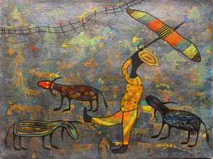 Figurative acrylic painting titled 'Golden memories', 22x28 inches, by artist Lakhan Singh Jat on Paper