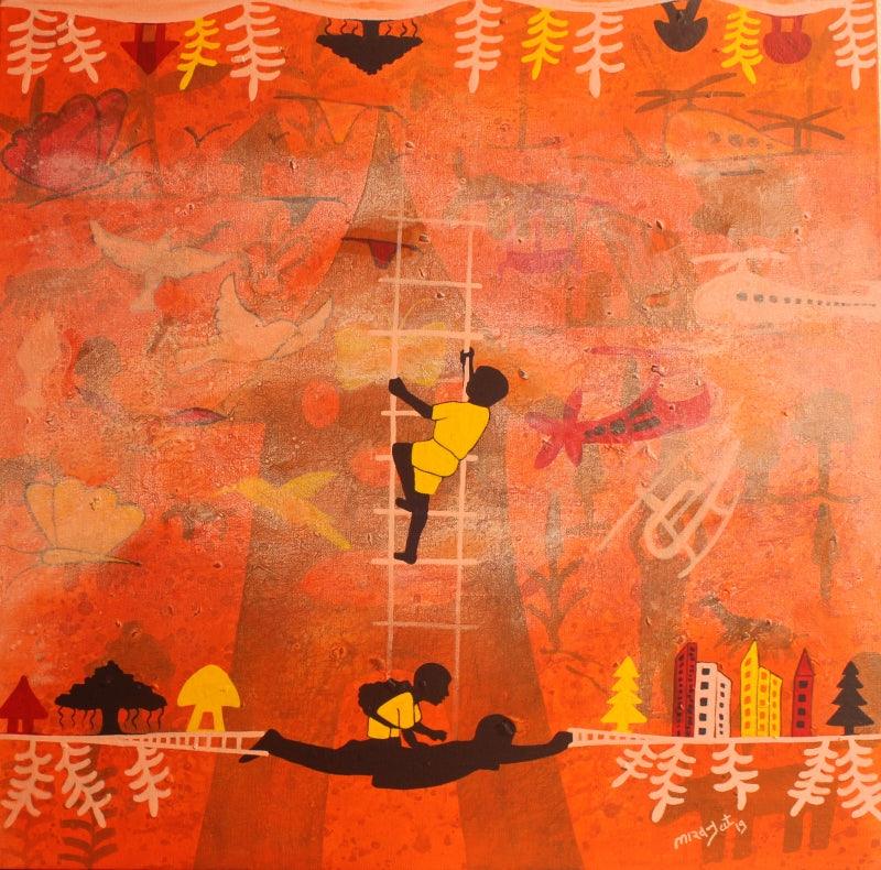 Figurative acrylic painting titled 'Golden memories', 30x30 inches, by artist Lakhan Singh Jat on Canvas