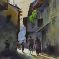 Cityscape watercolor painting titled 'Good Morning', 28x22 inches, by artist Kishor Nadavdekar on Paper