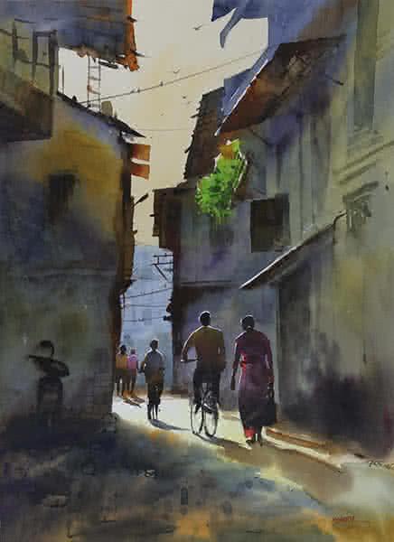 Cityscape watercolor painting titled 'Good Morning', 28x22 inches, by artist Kishor Nadavdekar on Paper