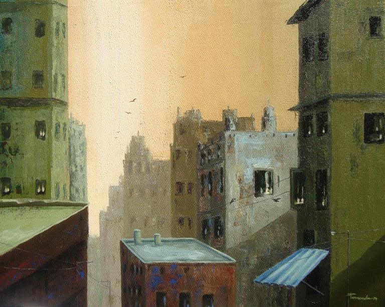 Cityscape acrylic painting titled 'Good Morning', 24x30 inches, by artist Purnendu Mandal on Canvas