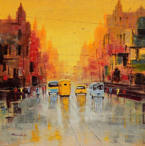 Cityscape oil painting titled 'Good Morning Kolkata', 36x36 inches, by artist Purnendu Mandal on Canvas