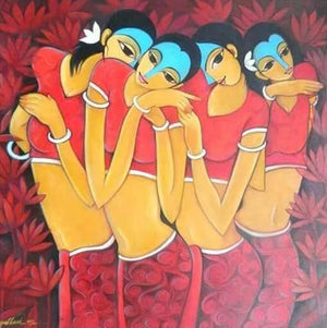 Figurative oil painting titled 'Gossip', 36x36 inches, by artist Pallavi Walunj on Canvas