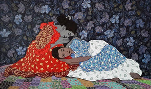 Figurative acrylic painting titled 'Gossip', 36x60 inches, by artist Monica Ghule on Canvas