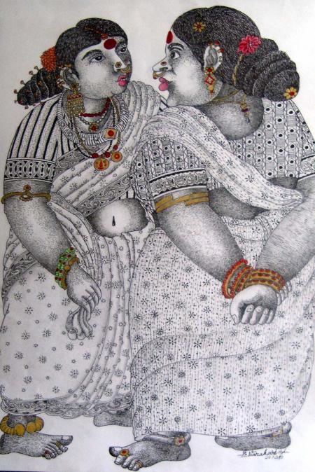 Gossip Painting by Bhawandla Narahari | ArtZolo.com