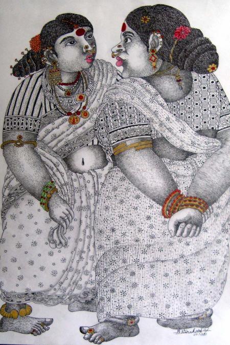 Figurative acrylic painting titled 'Gossip', 15x23 inches, by artist Bhawandla Narahari on Paper