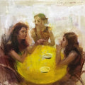 Figurative oil painting titled 'Gossip', 24x24 inches, by artist SURABHI GULWELKAR on Linen