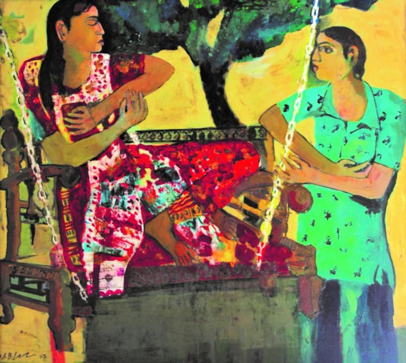 Figurative oil painting titled 'Gossip', 18x16 inches, by artist Subhash Babhulkar on Canvas