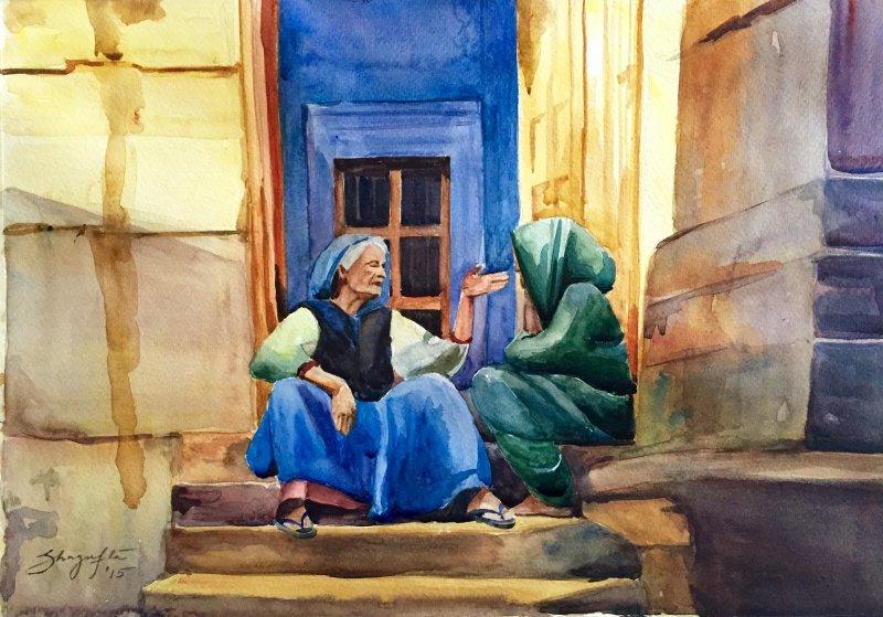 Figurative watercolor painting titled 'Gossip', 11x15 inches, by artist Shagufta Mehdi on Paper