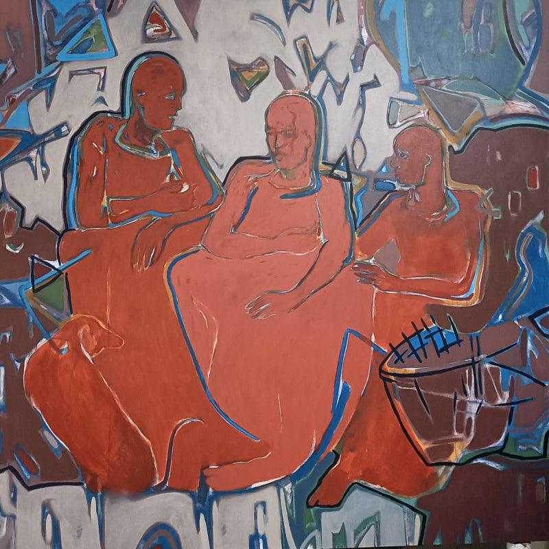 Figurative acrylic painting titled 'Gossip', 72x72 inches, by artist Sameer Dixit on Canvas