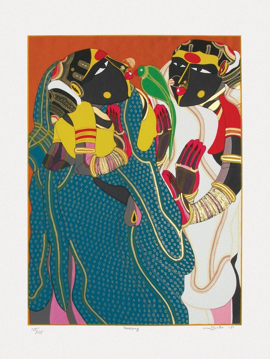 Figurative serigraphs painting titled 'Gossiping', 40x30 inches, by artist Thota Vaikuntam on Paper