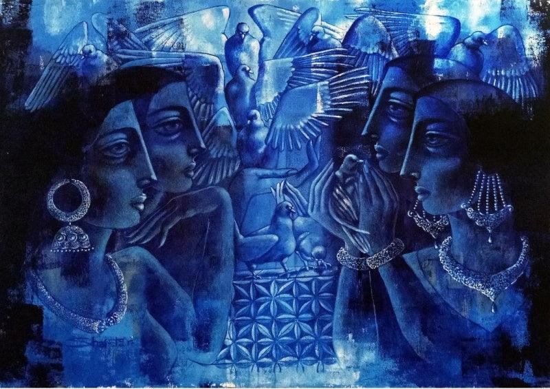 Figurative acrylic painting titled 'Gossiping', 30x42 inches, by artist Shaista Momin on Canvas