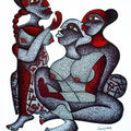 Figurative pen drawing titled 'Gossiping Girls', 12x8 inches, by artist Arvind Sharma on Paper