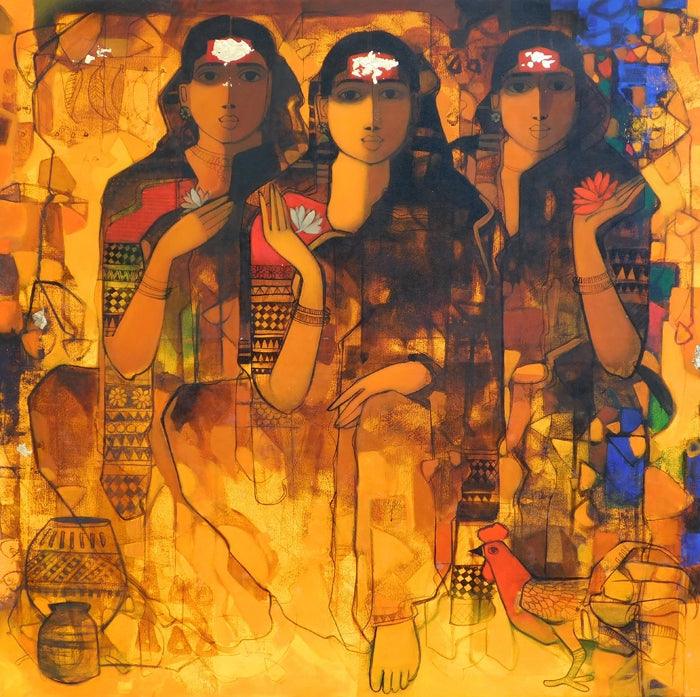 Figurative acrylic painting titled 'Gossiping Women 1', 48x48 inches, by artist Sachin Sagare on Canvas