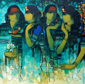 Figurative acrylic painting titled 'Gossiping Women 2', 48x48 inches, by artist Sachin Sagare on Canvas