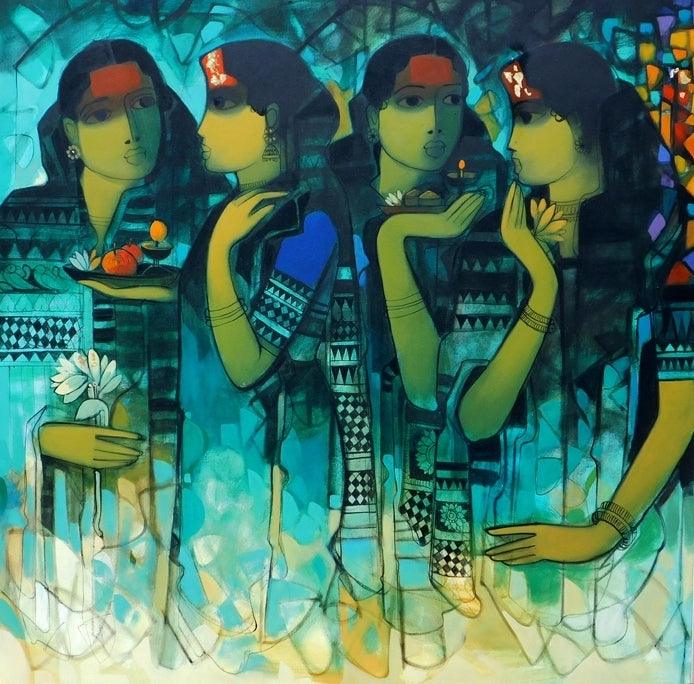 Figurative acrylic painting titled 'Gossiping Women 2', 48x48 inches, by artist Sachin Sagare on Canvas