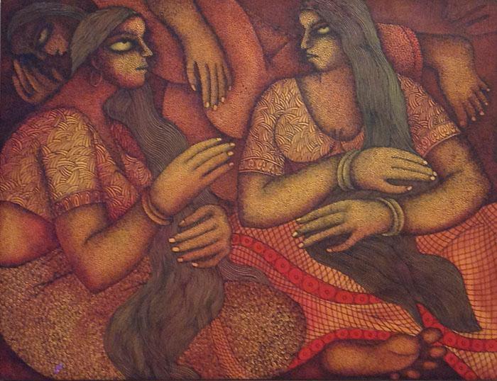 Gossiping Women Painting by Chitra Mandal | ArtZolo.com