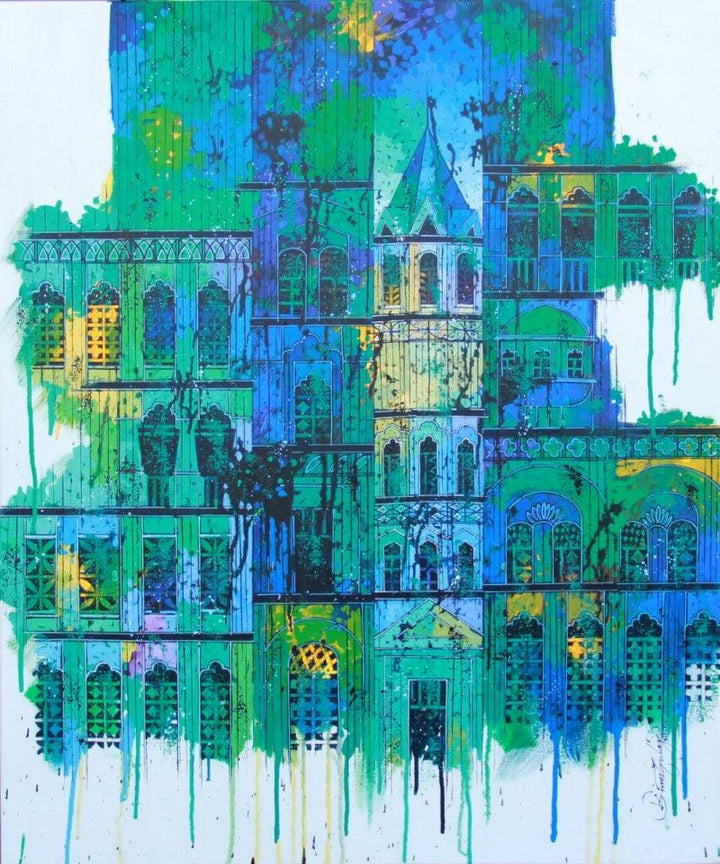 Green Blue City With Reflection Painting by Suresh Gulage | ArtZolo.com