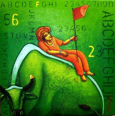 Green Bull Painting by Samir Sarkar | ArtZolo.com