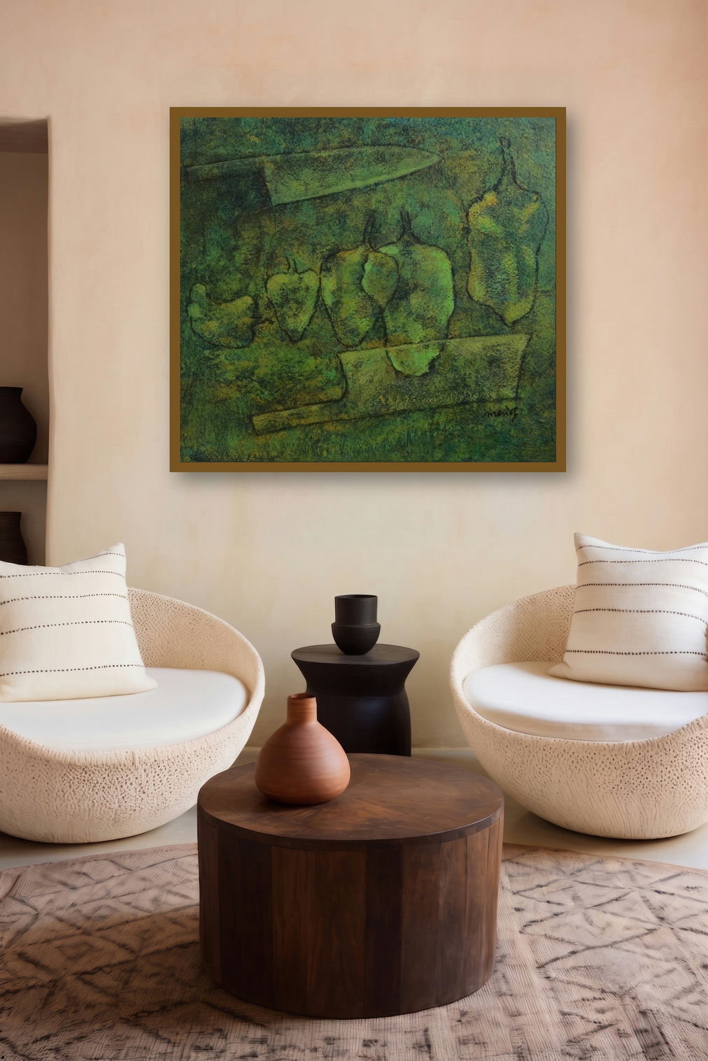 Green Chillies (Verdant Harvest) by artist Mahendra Parmar displayed in a Indian Art gallery