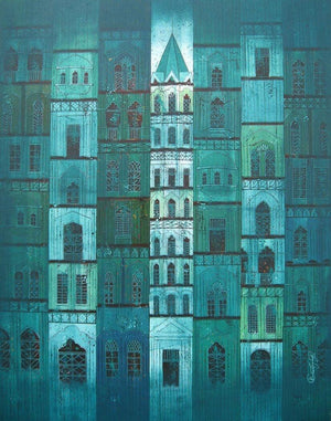 Cityscape acrylic painting titled 'Green City', 48x36 inches, by artist Suresh Gulage on Canvas