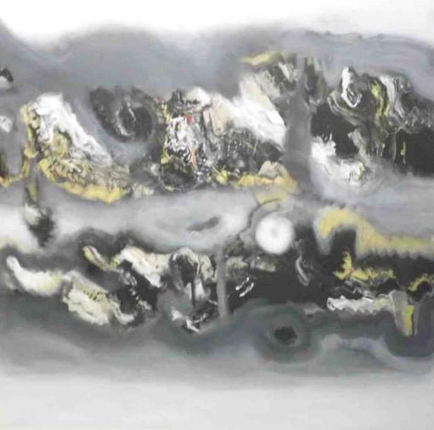 Grey Yellow Horizontal Abstract Painting by Deepak Guddadakeri | ArtZolo.com