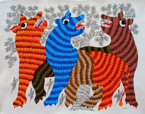 Group Of Animal Traditional Art by Choti Gond Artist | ArtZolo.com