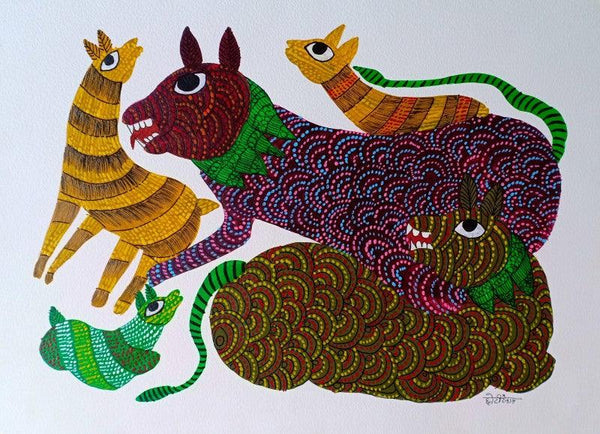 Group Of Animals 2 Traditional Art by Choti Gond Artist | ArtZolo.com