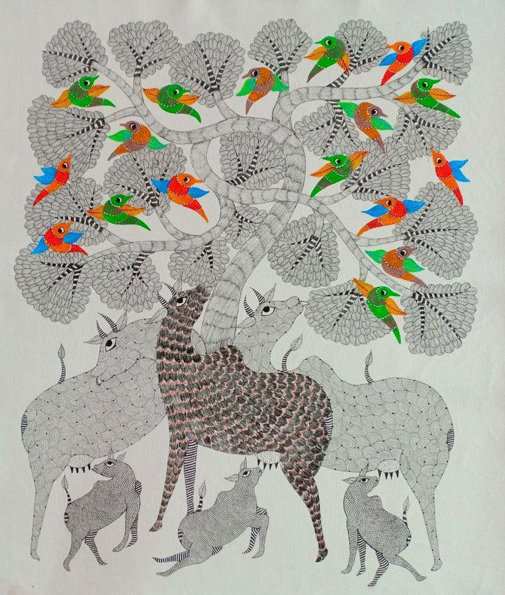 Group Of Animals 5 Traditional Art by Choti Gond Artist | ArtZolo.com