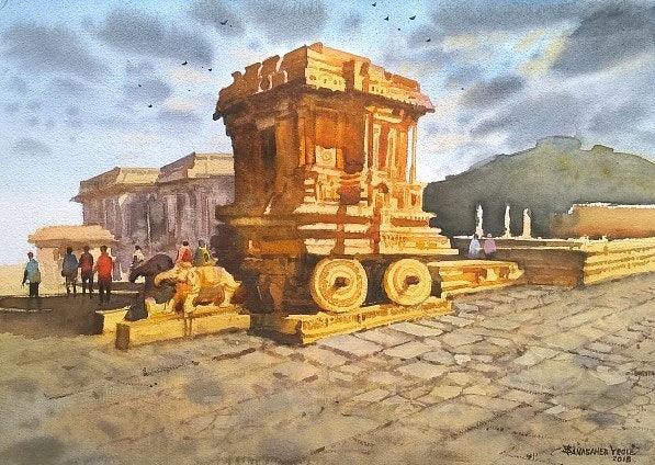 Cityscape watercolor painting titled 'Hampi', 14x20 inches, by artist NanaSaheb Yeole on Paper