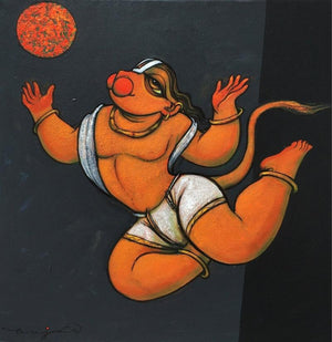 Religious acrylic painting titled 'Hanuman', 24x24 inches, by artist Ramesh Gujar on Canvas