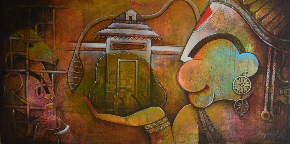 contemporary mixed media titled 'Hanuman', 24x48 inches, by artist Anupam Pal on canvas