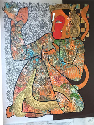 Religious acrylic painting titled 'Hanuman', 48x36 inches, by artist Ramesh Gorjala on Canvas