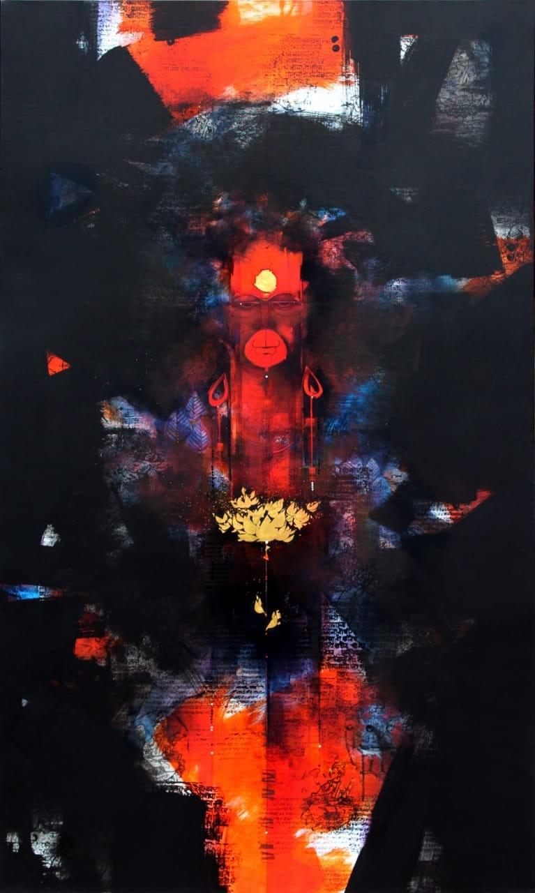 Religious acrylic painting titled 'Hanuman Ji', 60x36 inches, by artist Amol Pawar on Canvas