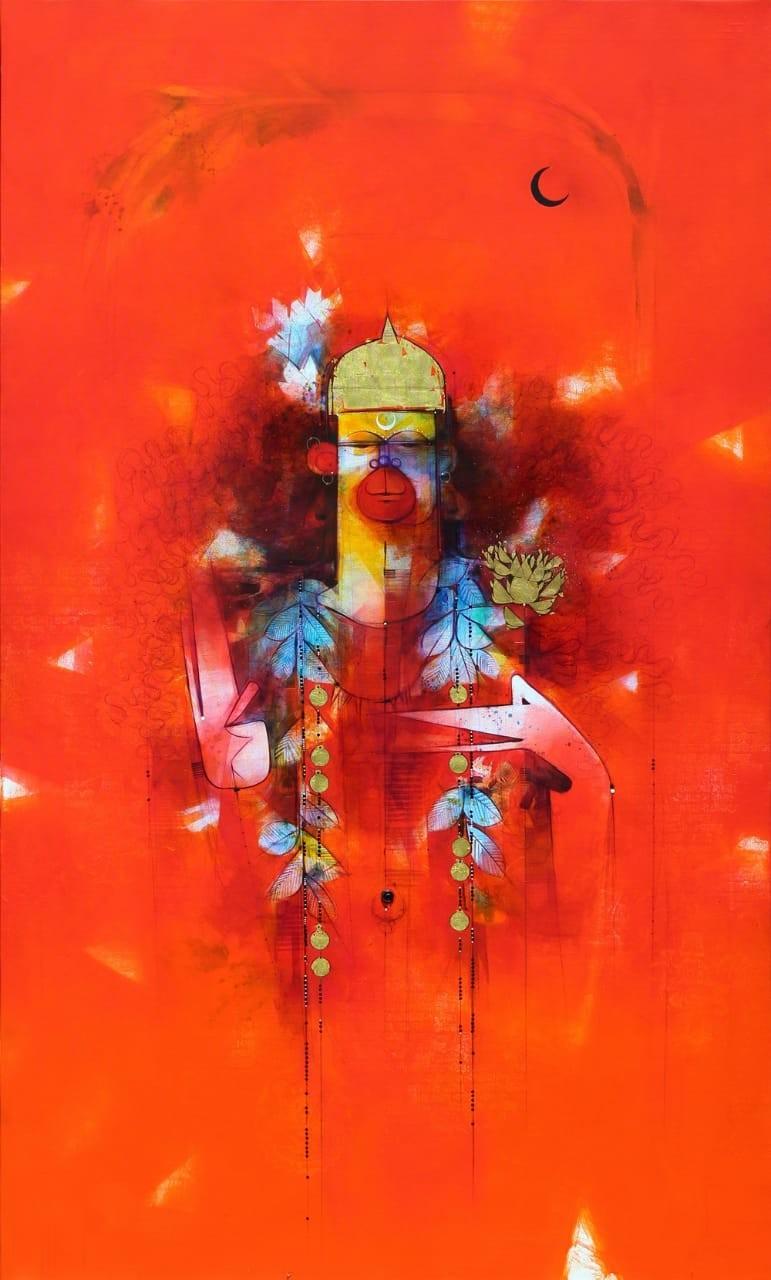 Religious acrylic painting titled 'Hanuman Ji', 60x36 inches, by artist Amol Pawar on Canvas