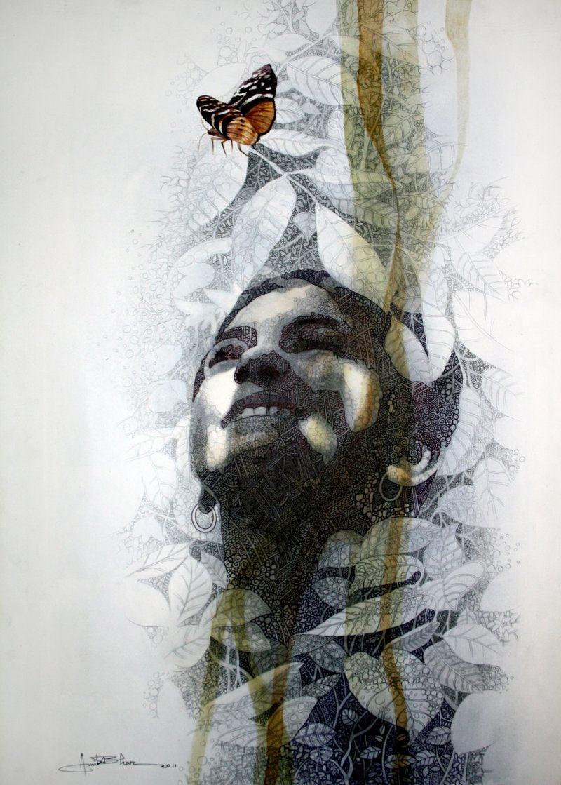 Figurative pen drawing titled 'Happiness', 21x29 inches, by artist Amit Bhar on Paper